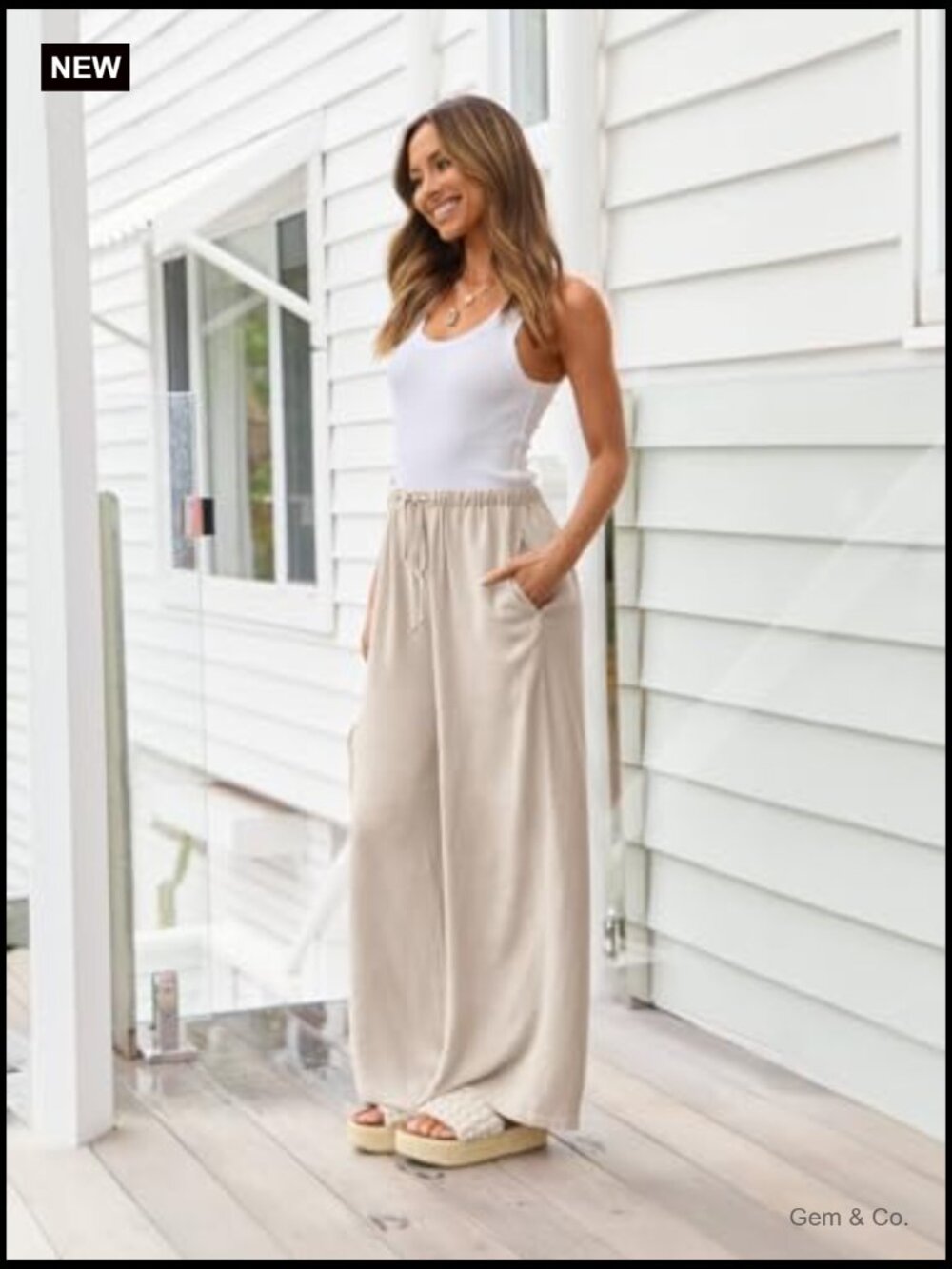 Women's Linen Palazzo Pants Flowy Wide Leg Summer Pants with Pockets - Picture 3 of 6